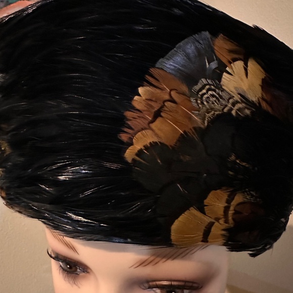 Pheasant Feather Hat / MCM High Fashion or Costume Hat of Black & Brown Feathers - Picture 6 of 14